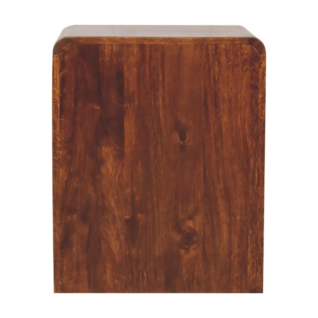 Solid Mango Wood Rounded Bedside Table with T-Bar Handle, 1 Drawer & Open Shelf | Chestnut Finish | 45 x 35 x 55 cm