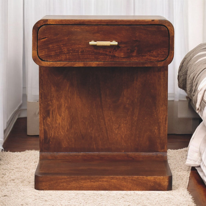 Solid Mango Wood Rounded Bedside Table with T-Bar Handle, 1 Drawer & Open Shelf | Chestnut Finish | 45 x 35 x 55 cm