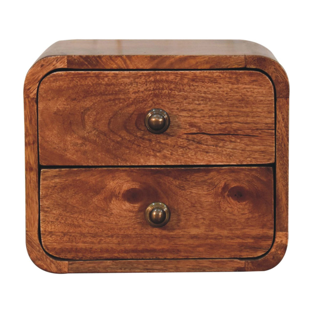 Brown Lacquered Honey Caramel Solid Mango Wood Mini Wall-Mounted Curved Bedside with 2 Drawers
