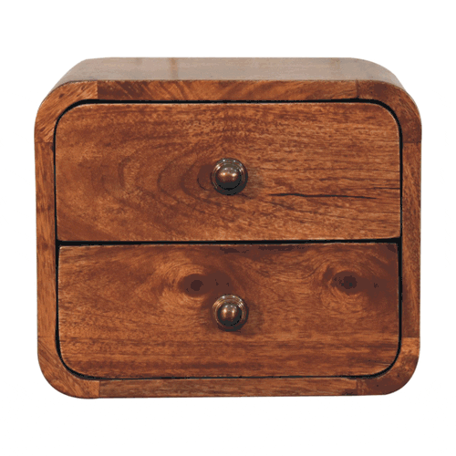 Brown Lacquered Honey Caramel Solid Mango Wood Mini Wall-Mounted Curved Bedside with 2 Drawers