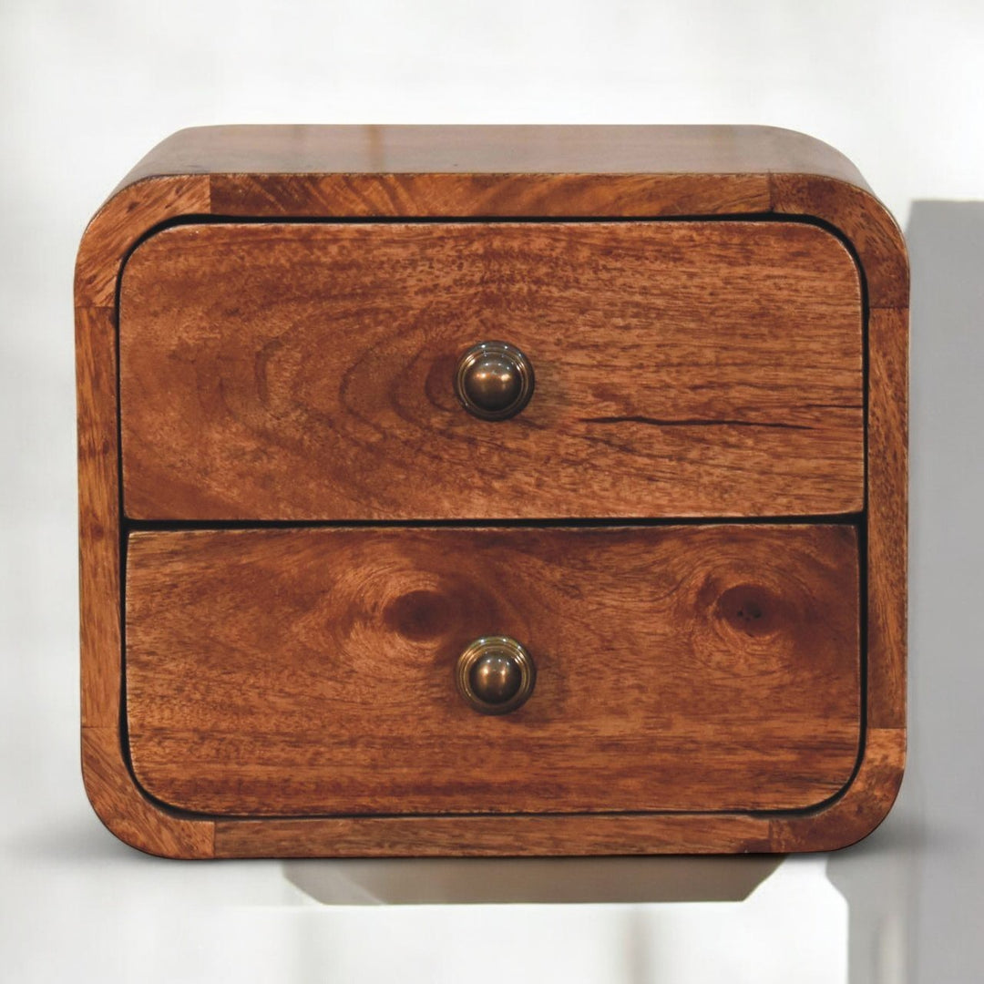 Brown Lacquered Honey Caramel Solid Mango Wood Mini Wall-Mounted Curved Bedside with 2 Drawers