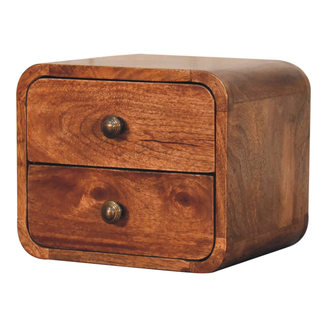 Brown Lacquered Honey Caramel Solid Mango Wood Mini Wall-Mounted Curved Bedside with 2 Drawers
