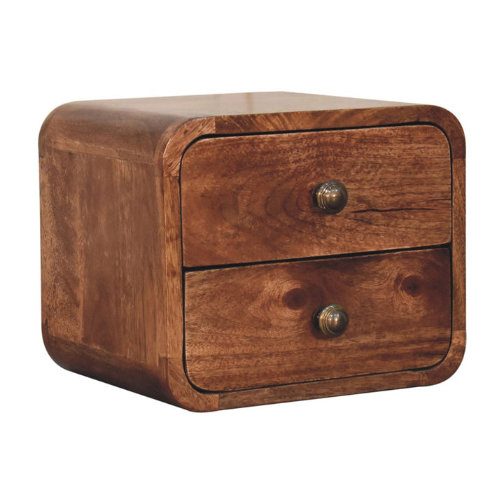 Brown Lacquered Honey Caramel Solid Mango Wood Mini Wall-Mounted Curved Bedside with 2 Drawers