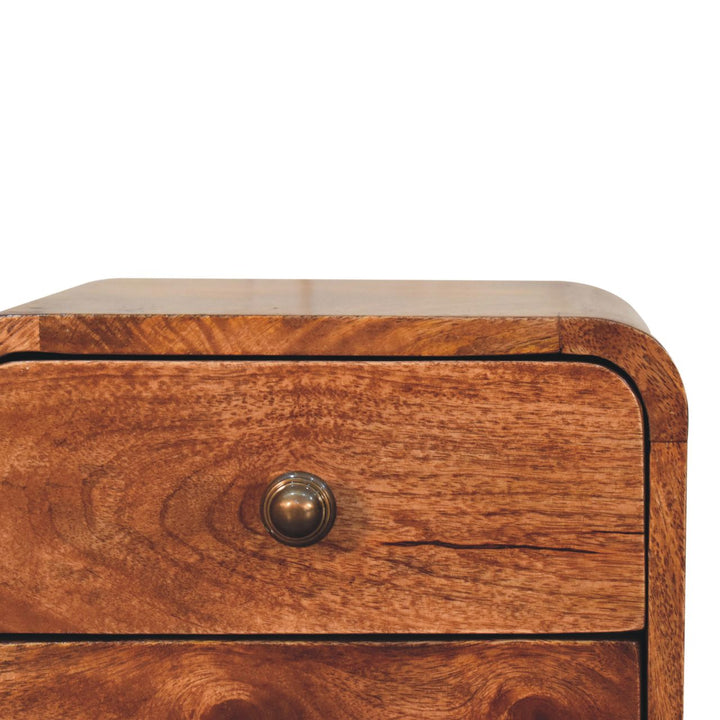 Brown Lacquered Honey Caramel Solid Mango Wood Mini Wall-Mounted Curved Bedside with 2 Drawers