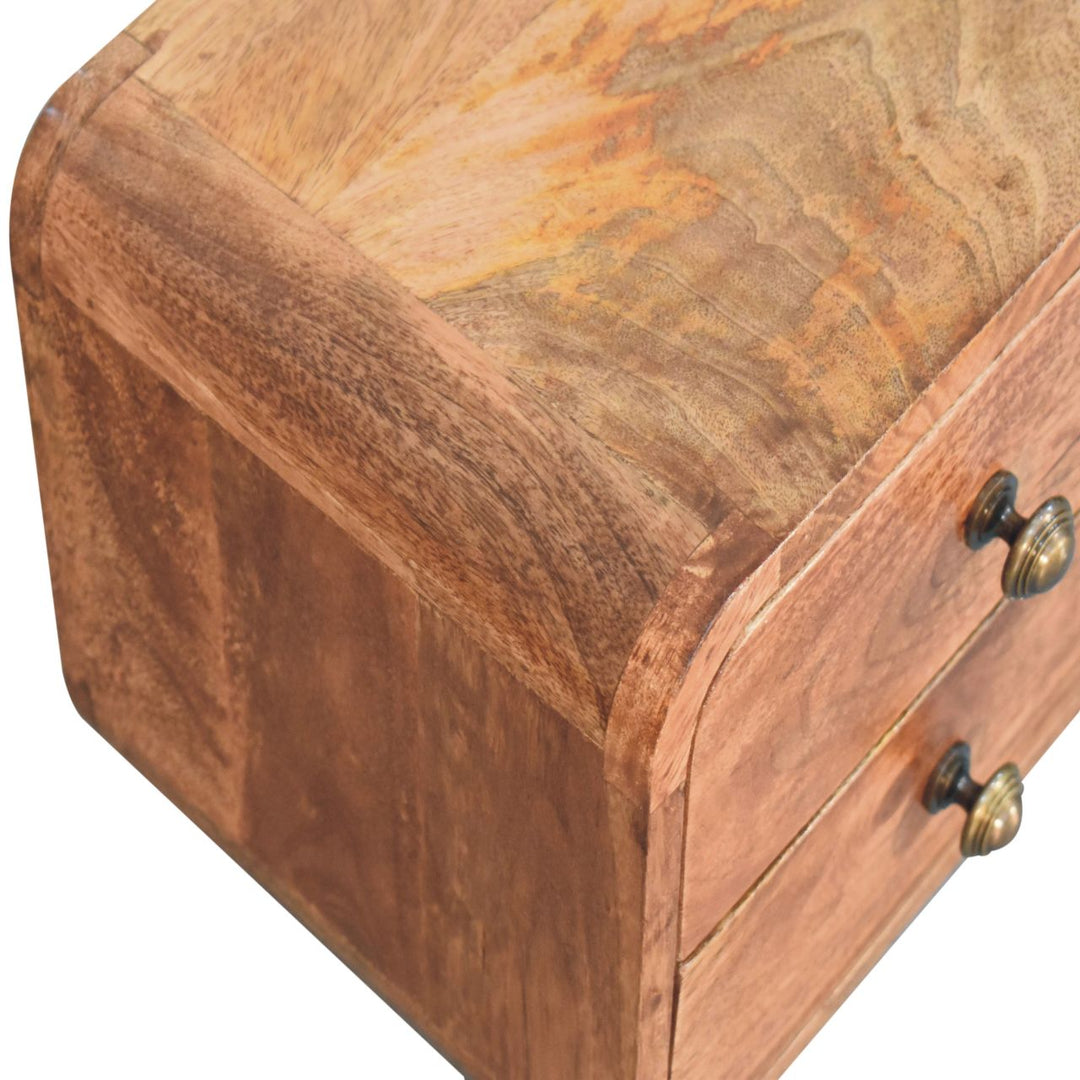 Brown Lacquered Honey Caramel Solid Mango Wood Mini Wall-Mounted Curved Bedside with 2 Drawers