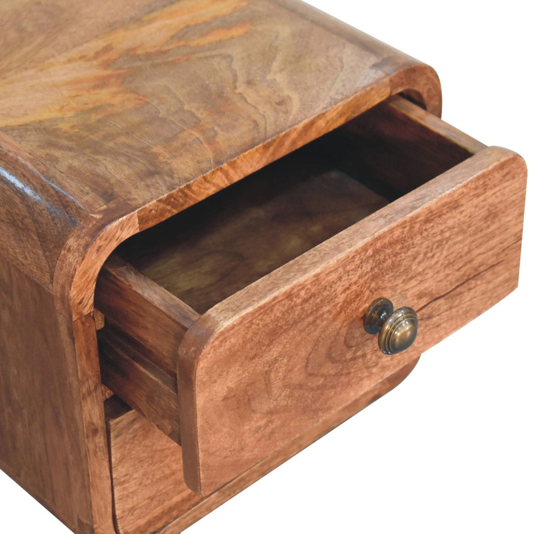 Brown Lacquered Honey Caramel Solid Mango Wood Mini Wall-Mounted Curved Bedside with 2 Drawers