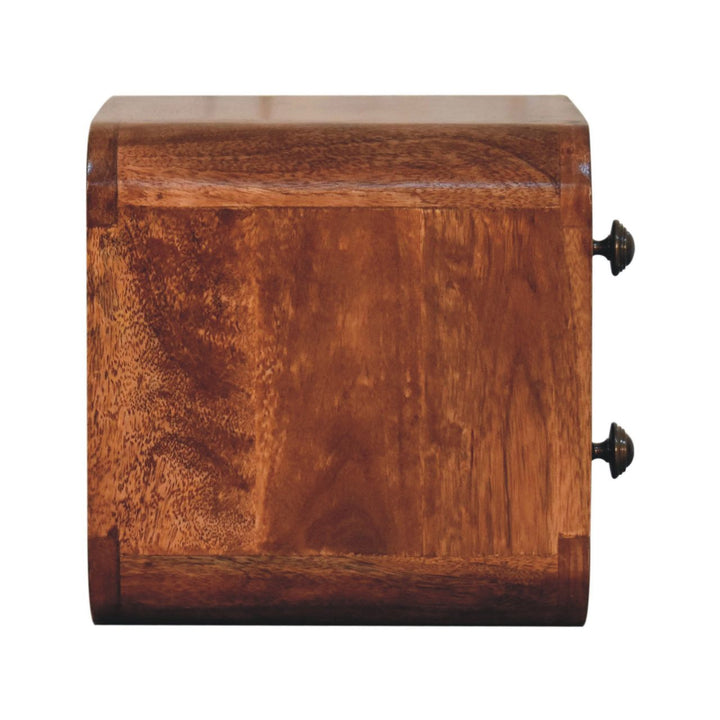 Brown Lacquered Honey Caramel Solid Mango Wood Mini Wall-Mounted Curved Bedside with 2 Drawers