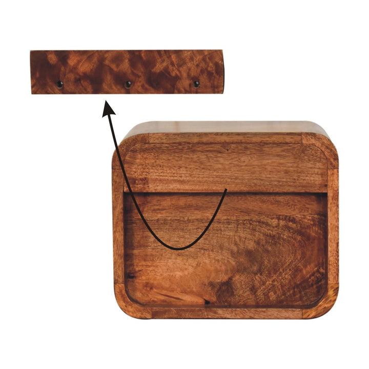 Brown Lacquered Honey Caramel Solid Mango Wood Mini Wall-Mounted Curved Bedside with 2 Drawers