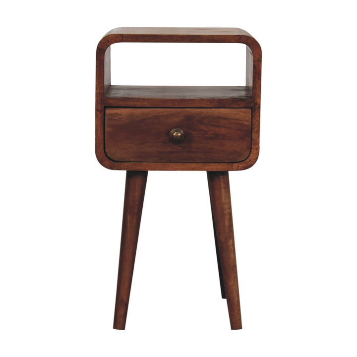 Solid Mango Wood Curved Bedside Table with 1 Drawer & Open Shelf | Honey Caramel Finish | 30 x 30 x 55 cm