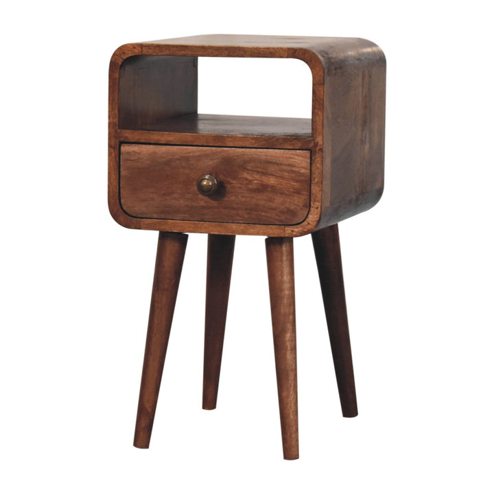 Solid Mango Wood Curved Bedside Table with 1 Drawer & Open Shelf | Honey Caramel Finish | 30 x 30 x 55 cm