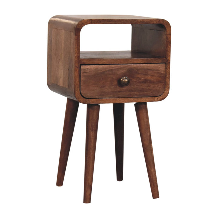 Solid Mango Wood Curved Bedside Table with 1 Drawer & Open Shelf | Honey Caramel Finish | 30 x 30 x 55 cm