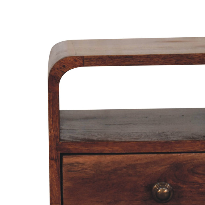 Solid Mango Wood Curved Bedside Table with 1 Drawer & Open Shelf | Honey Caramel Finish | 30 x 30 x 55 cm