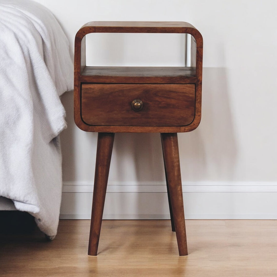 Solid Mango Wood Curved Bedside Table with 1 Drawer & Open Shelf | Honey Caramel Finish | 30 x 30 x 55 cm