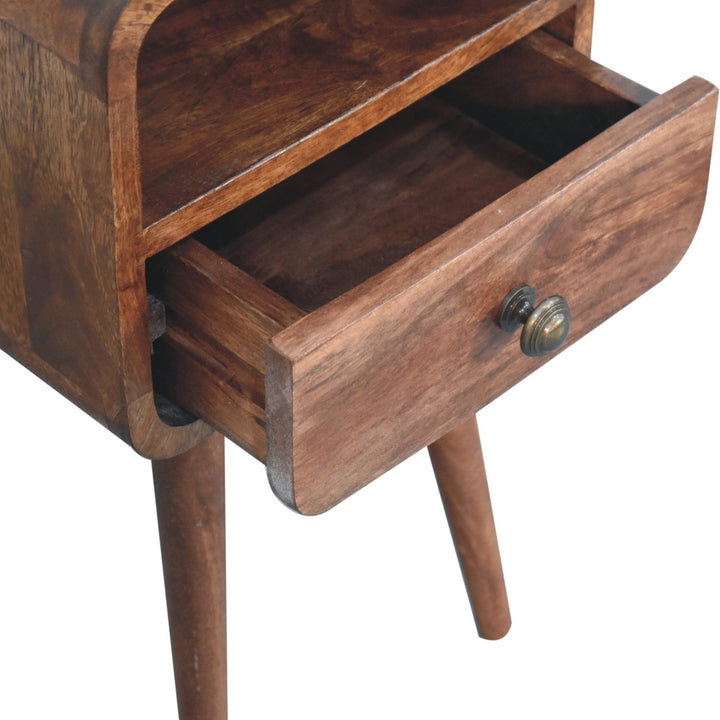 Solid Mango Wood Curved Bedside Table with 1 Drawer & Open Shelf | Honey Caramel Finish | 30 x 30 x 55 cm
