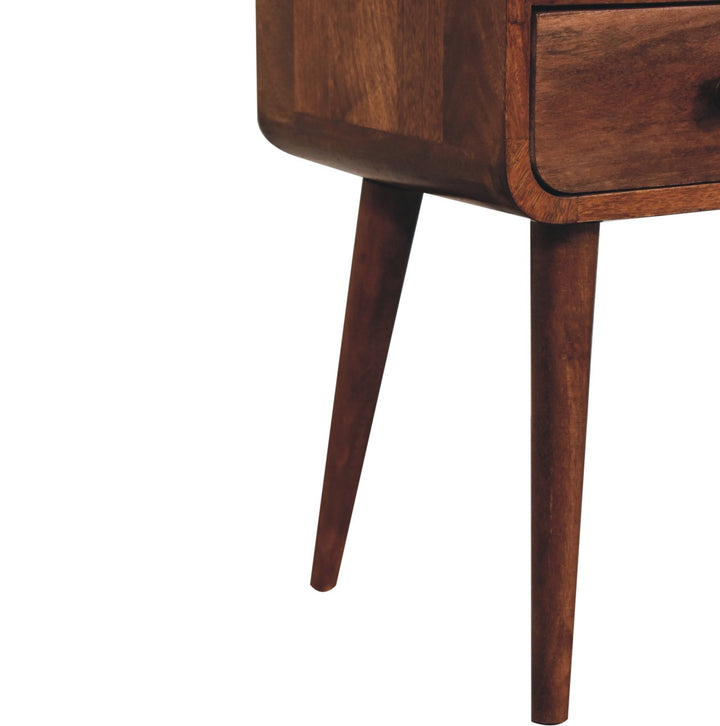Solid Mango Wood Curved Bedside Table with 1 Drawer & Open Shelf | Honey Caramel Finish | 30 x 30 x 55 cm