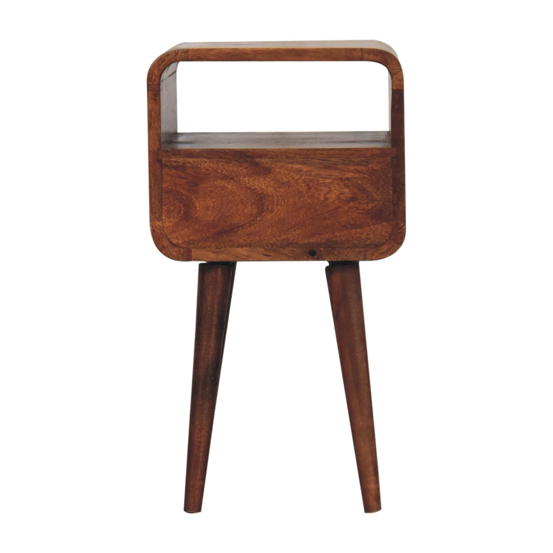 Solid Mango Wood Curved Bedside Table with 1 Drawer & Open Shelf | Honey Caramel Finish | 30 x 30 x 55 cm