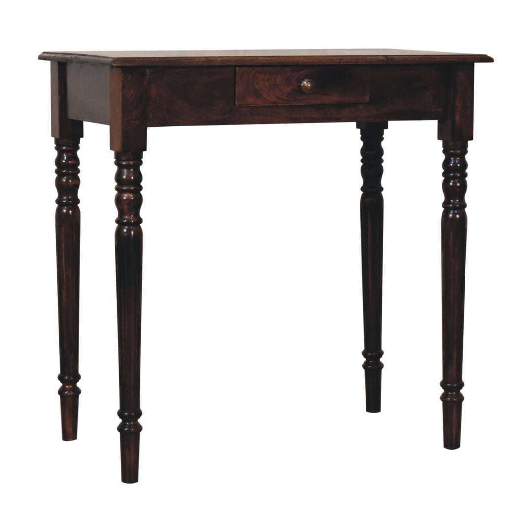 Solid Mango Wood California Walnut Writing Desk with 1 Drawer, Hand-Carved Fluted Legs & Shell Handle | Dark Brown | 80 x 45 x 78 cm