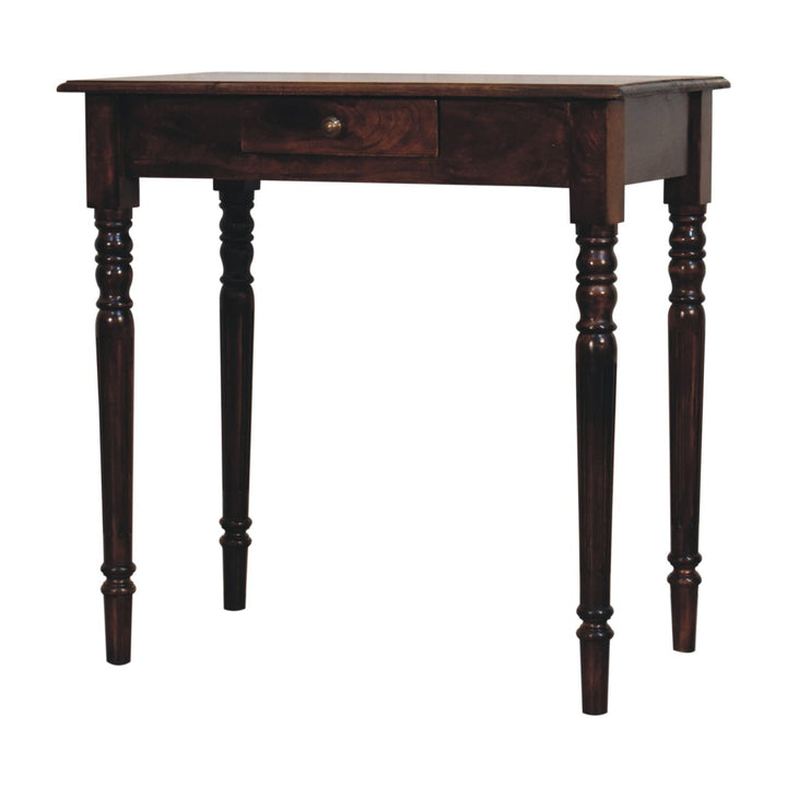 Solid Mango Wood California Walnut Writing Desk with 1 Drawer, Hand-Carved Fluted Legs & Shell Handle | Dark Brown | 80 x 45 x 78 cm