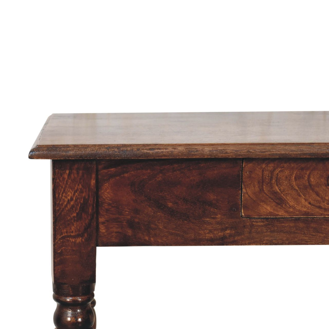 Solid Mango Wood California Walnut Writing Desk with 1 Drawer, Hand-Carved Fluted Legs & Shell Handle | Dark Brown | 80 x 45 x 78 cm