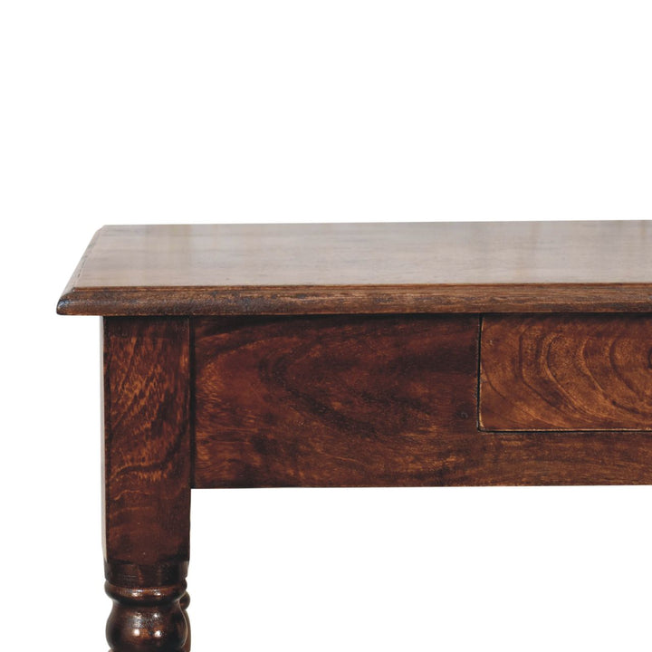 Solid Mango Wood California Walnut Writing Desk with 1 Drawer, Hand-Carved Fluted Legs & Shell Handle | Dark Brown | 80 x 45 x 78 cm