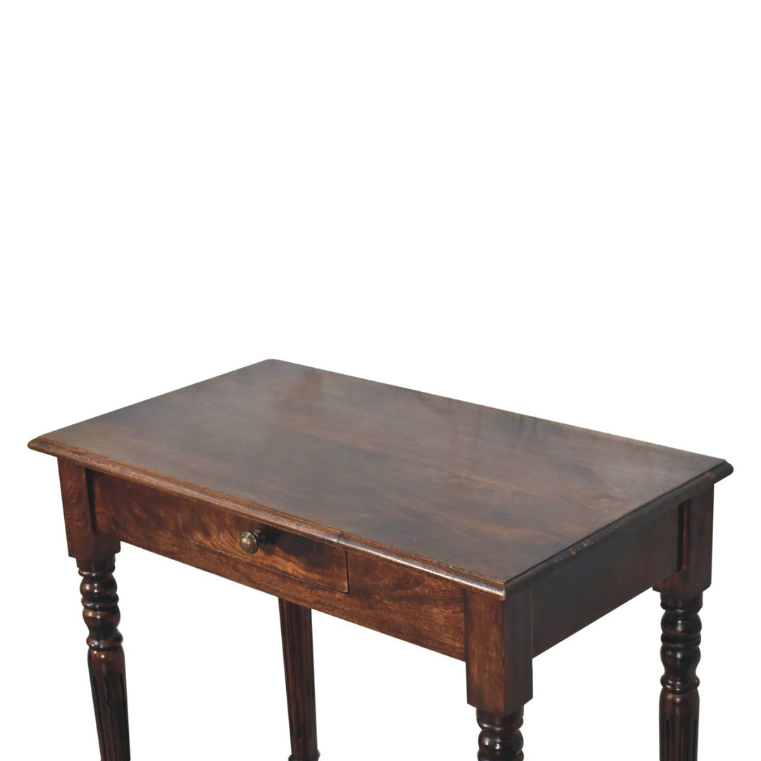 Solid Mango Wood California Walnut Writing Desk with 1 Drawer, Hand-Carved Fluted Legs & Shell Handle | Dark Brown | 80 x 45 x 78 cm