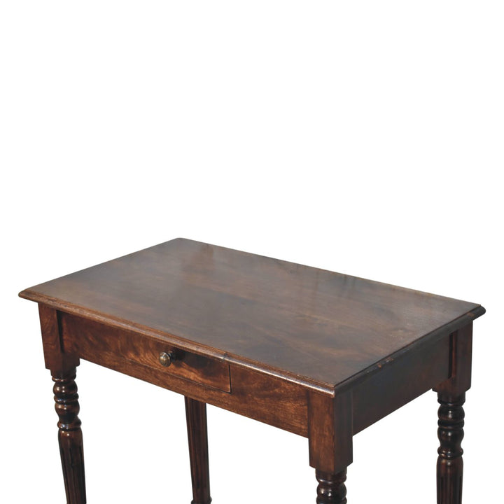Solid Mango Wood California Walnut Writing Desk with 1 Drawer, Hand-Carved Fluted Legs & Shell Handle | Dark Brown | 80 x 45 x 78 cm