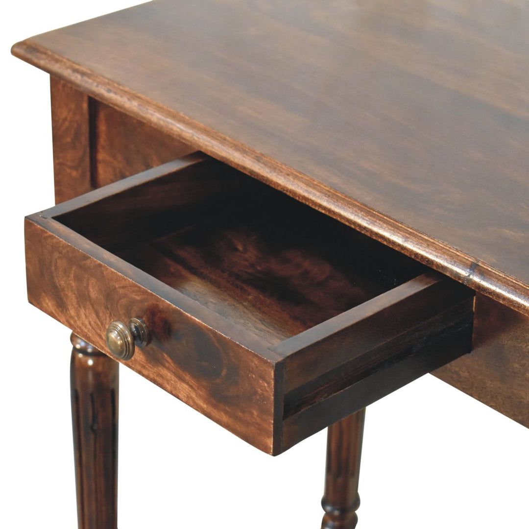 Solid Mango Wood California Walnut Writing Desk with 1 Drawer, Hand-Carved Fluted Legs & Shell Handle | Dark Brown | 80 x 45 x 78 cm