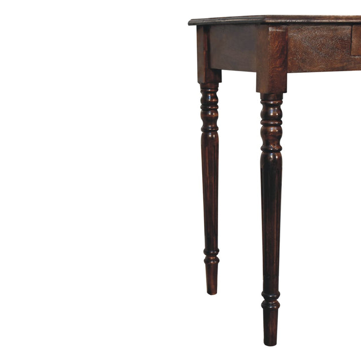 Solid Mango Wood California Walnut Writing Desk with 1 Drawer, Hand-Carved Fluted Legs & Shell Handle | Dark Brown | 80 x 45 x 78 cm