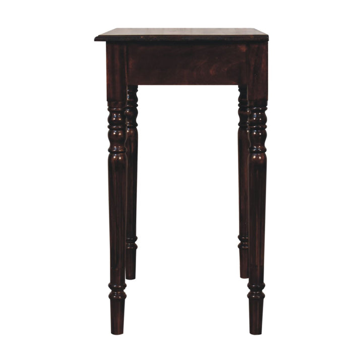 Solid Mango Wood California Walnut Writing Desk with 1 Drawer, Hand-Carved Fluted Legs & Shell Handle | Dark Brown | 80 x 45 x 78 cm