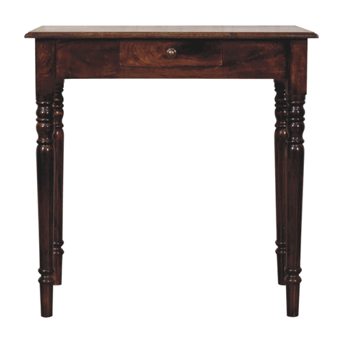 Solid Mango Wood California Walnut Writing Desk with 1 Drawer, Hand-Carved Fluted Legs & Shell Handle | Dark Brown | 80 x 45 x 78 cm