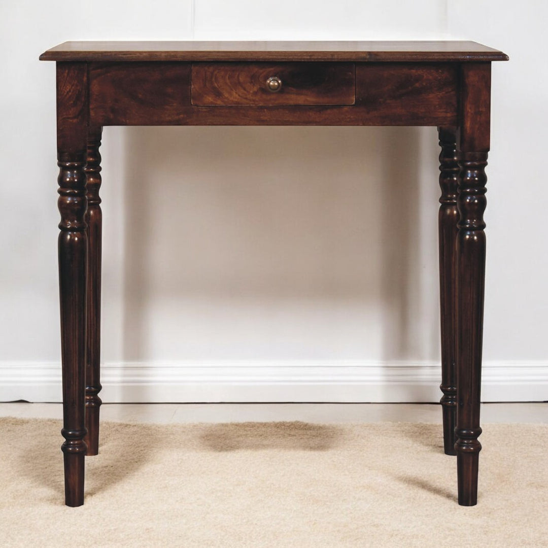 Solid Mango Wood California Walnut Writing Desk with 1 Drawer, Hand-Carved Fluted Legs & Shell Handle | Dark Brown | 80 x 45 x 78 cm