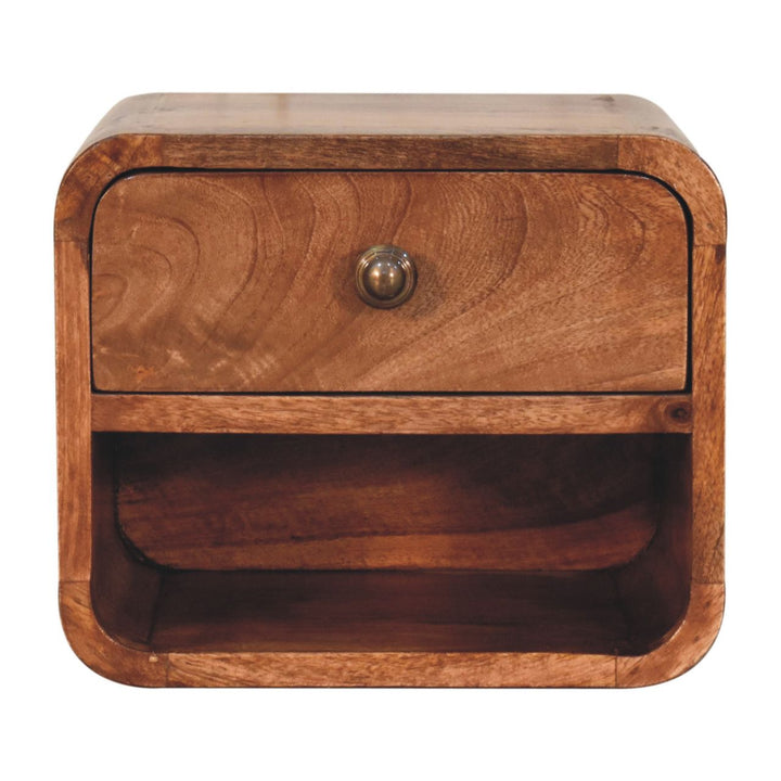 Brown Lacquered Honey Caramel Solid Mango Wood Mini Wall-Mounted Bedside with Open Compartment