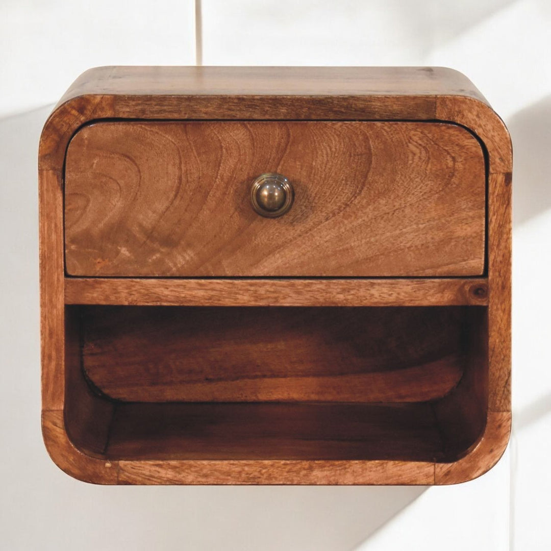 Brown Lacquered Honey Caramel Solid Mango Wood Mini Wall-Mounted Bedside with Open Compartment