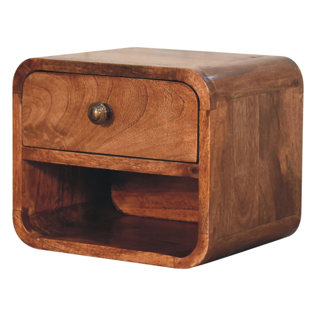 Brown Lacquered Honey Caramel Solid Mango Wood Mini Wall-Mounted Bedside with Open Compartment