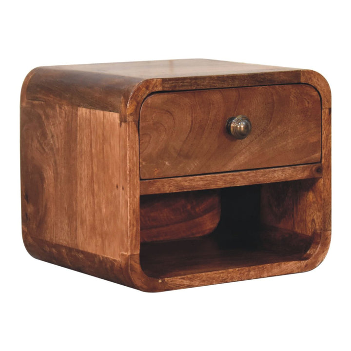 Brown Lacquered Honey Caramel Solid Mango Wood Mini Wall-Mounted Bedside with Open Compartment