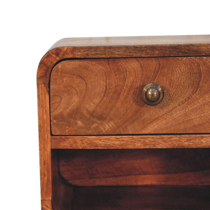 Brown Lacquered Honey Caramel Solid Mango Wood Mini Wall-Mounted Bedside with Open Compartment