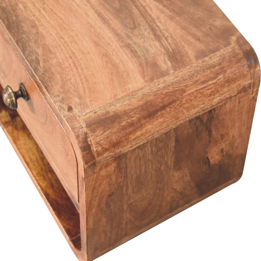 Brown Lacquered Honey Caramel Solid Mango Wood Mini Wall-Mounted Bedside with Open Compartment