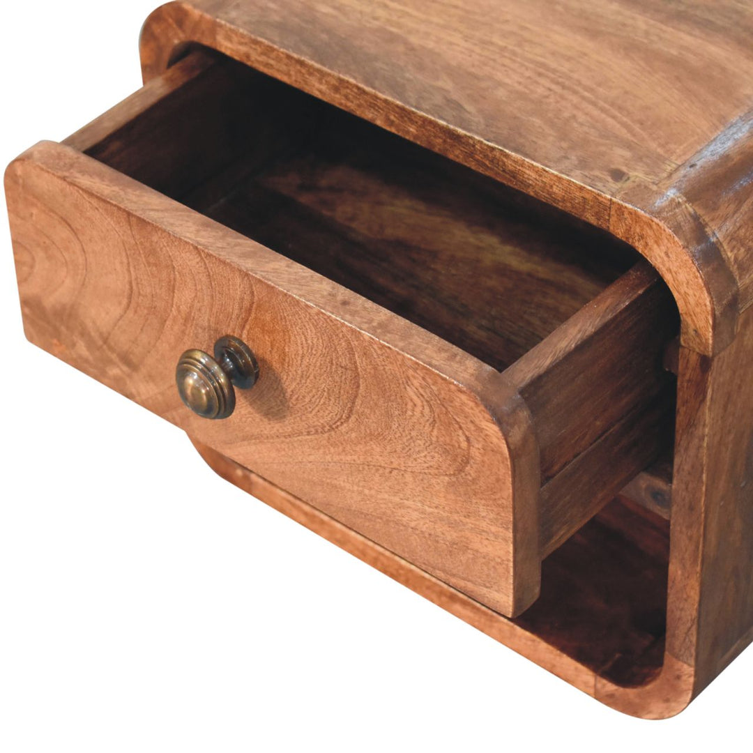 Brown Lacquered Honey Caramel Solid Mango Wood Mini Wall-Mounted Bedside with Open Compartment