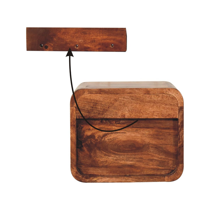 Brown Lacquered Honey Caramel Solid Mango Wood Mini Wall-Mounted Bedside with Open Compartment