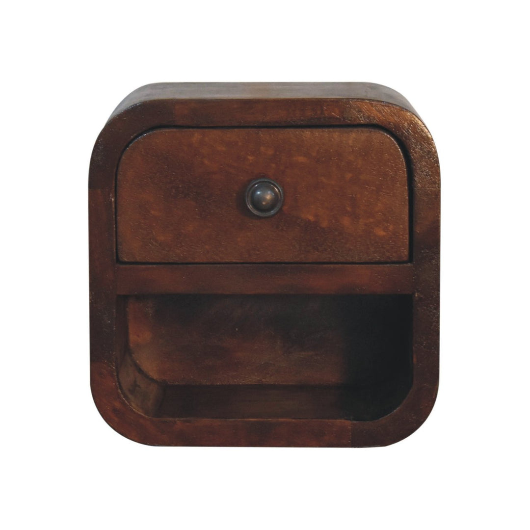 Brown Lacquered Chestnut Solid Mango Wood Extra Mini Curved Bedside with Open Compartment & Drawer