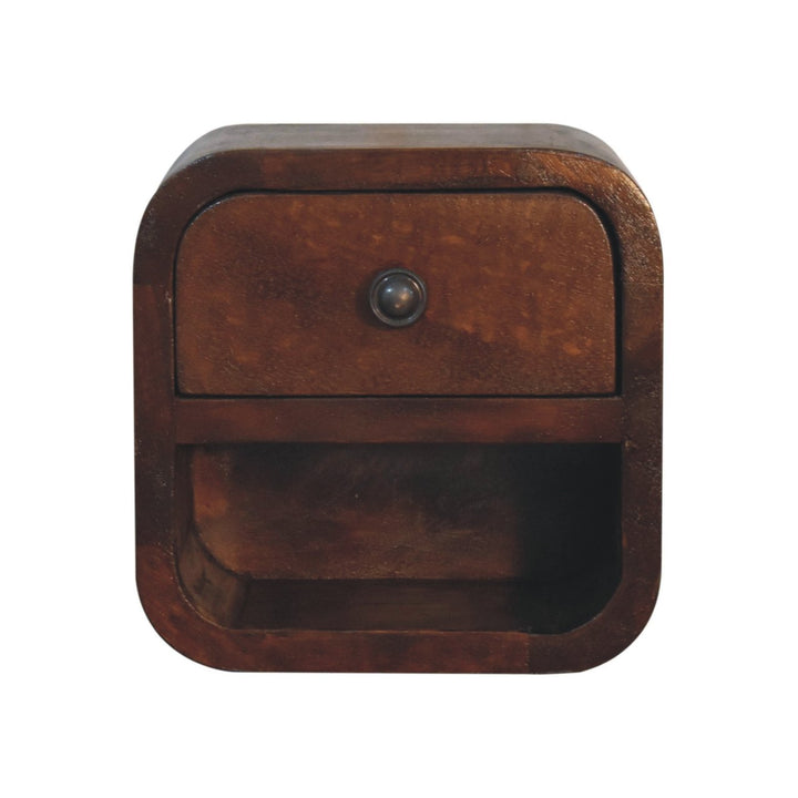Brown Lacquered Chestnut Solid Mango Wood Extra Mini Curved Bedside with Open Compartment & Drawer