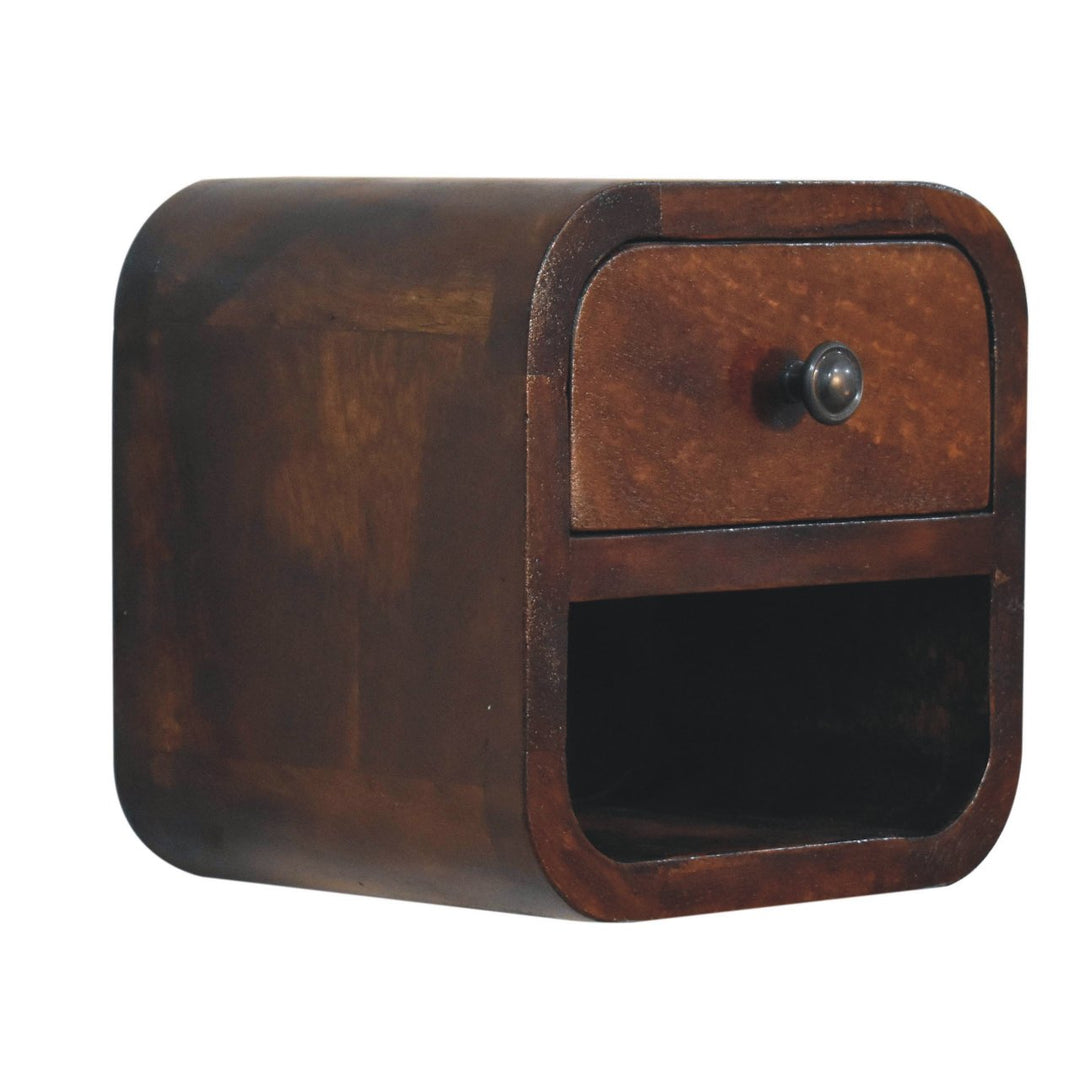 Brown Lacquered Chestnut Solid Mango Wood Extra Mini Curved Bedside with Open Compartment & Drawer
