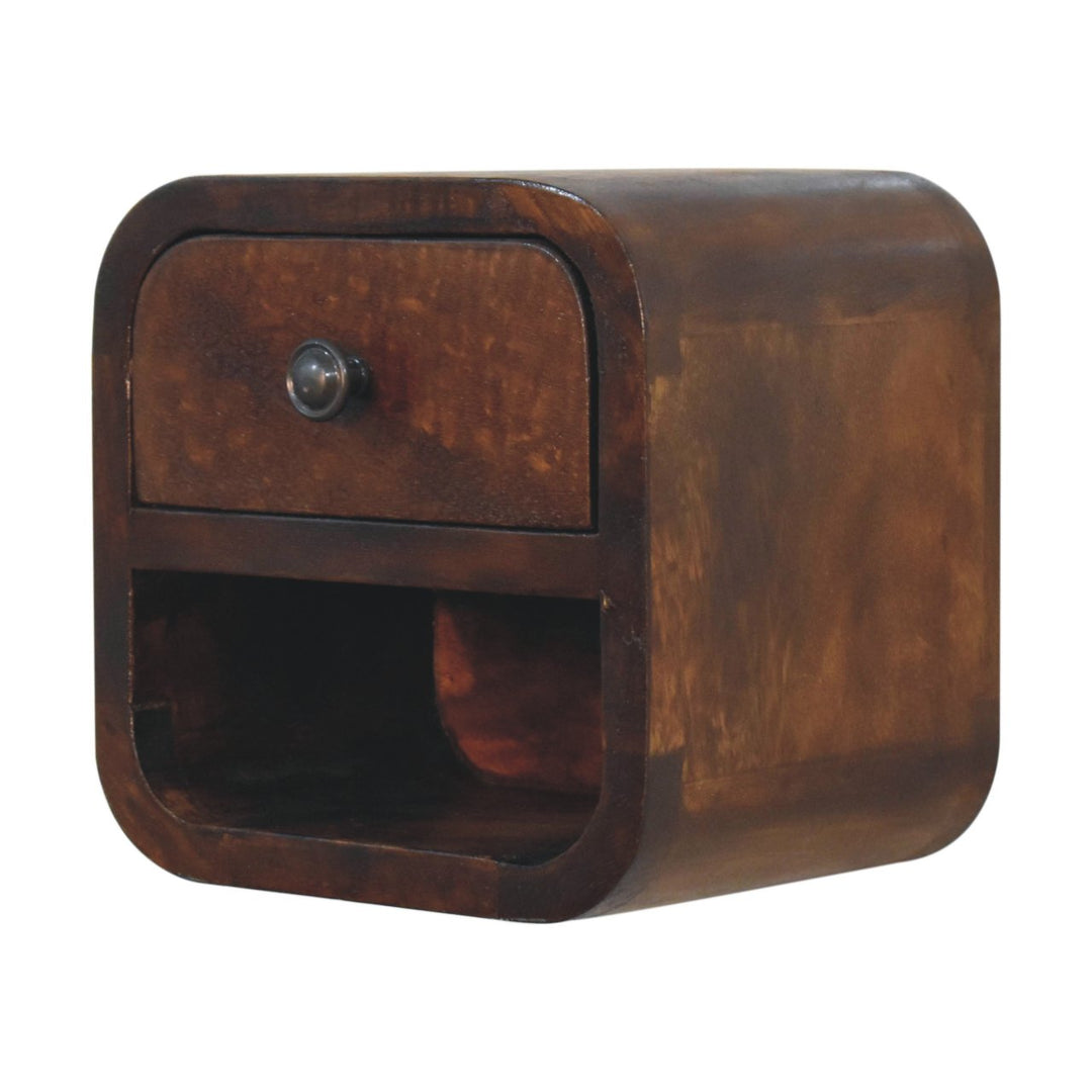 Brown Lacquered Chestnut Solid Mango Wood Extra Mini Curved Bedside with Open Compartment & Drawer