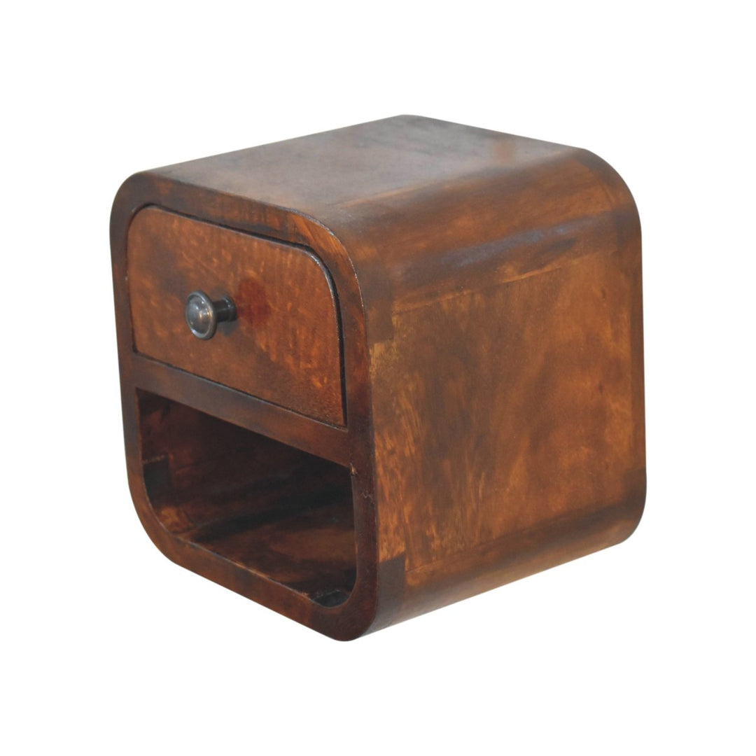 Brown Lacquered Chestnut Solid Mango Wood Extra Mini Curved Bedside with Open Compartment & Drawer