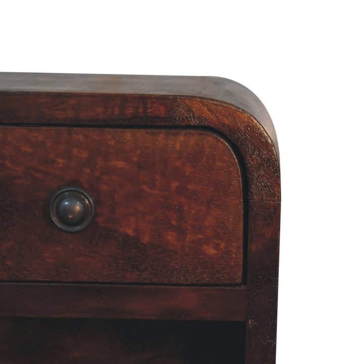 Brown Lacquered Chestnut Solid Mango Wood Extra Mini Curved Bedside with Open Compartment & Drawer