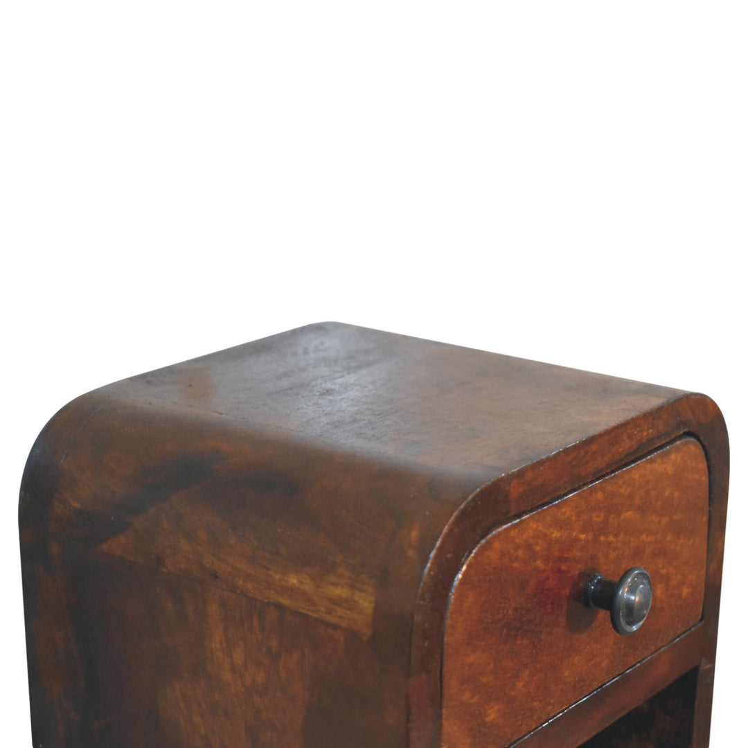 Brown Lacquered Chestnut Solid Mango Wood Extra Mini Curved Bedside with Open Compartment & Drawer