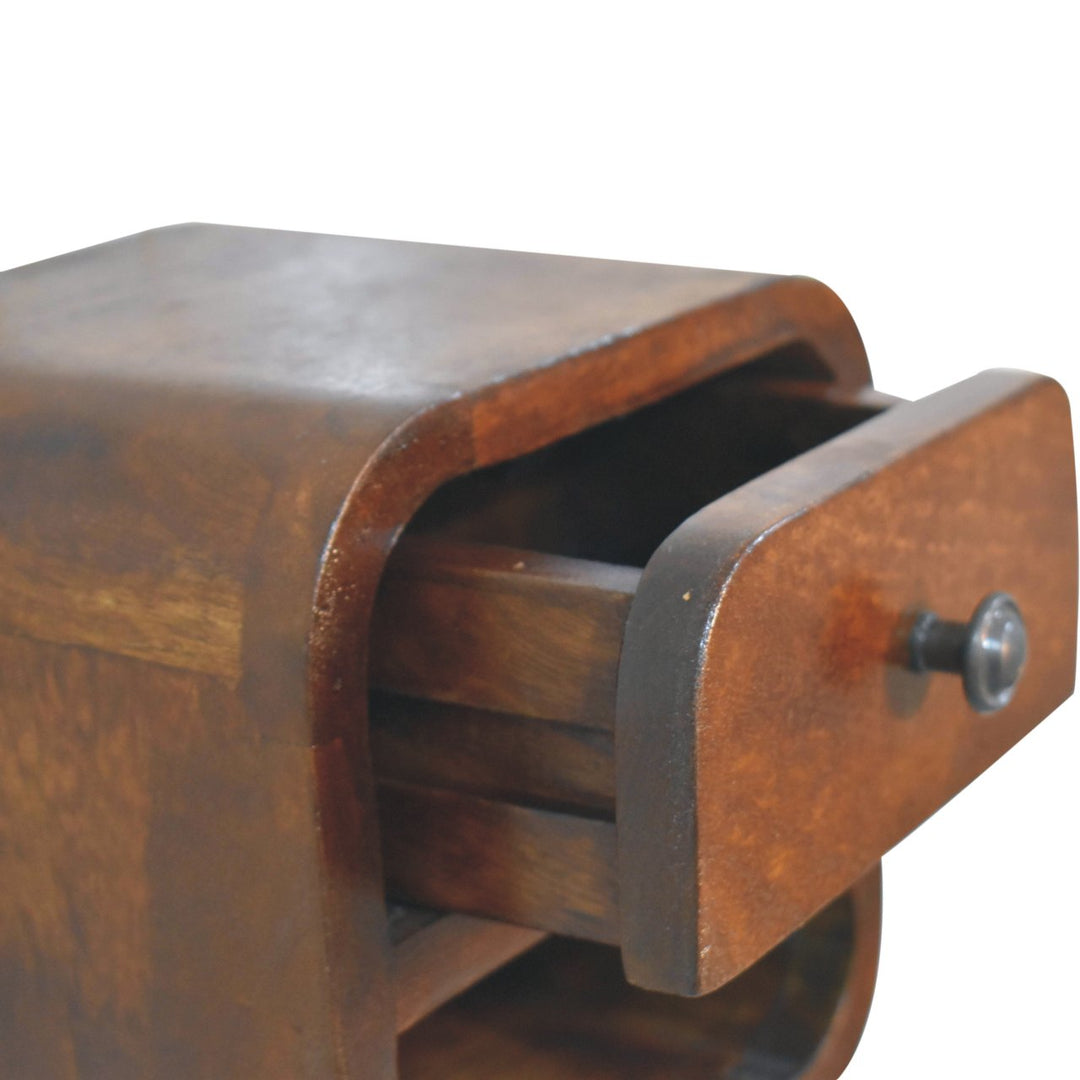 Brown Lacquered Chestnut Solid Mango Wood Extra Mini Curved Bedside with Open Compartment & Drawer