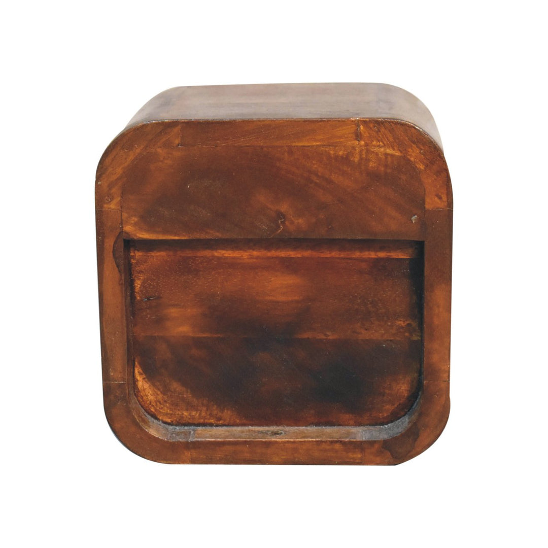 Brown Lacquered Chestnut Solid Mango Wood Extra Mini Curved Bedside with Open Compartment & Drawer