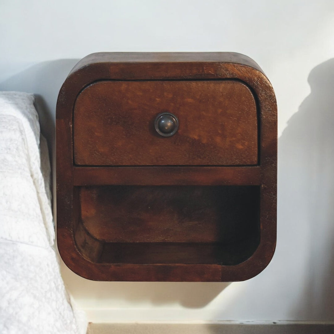 Brown Lacquered Chestnut Solid Mango Wood Extra Mini Curved Bedside with Open Compartment & Drawer