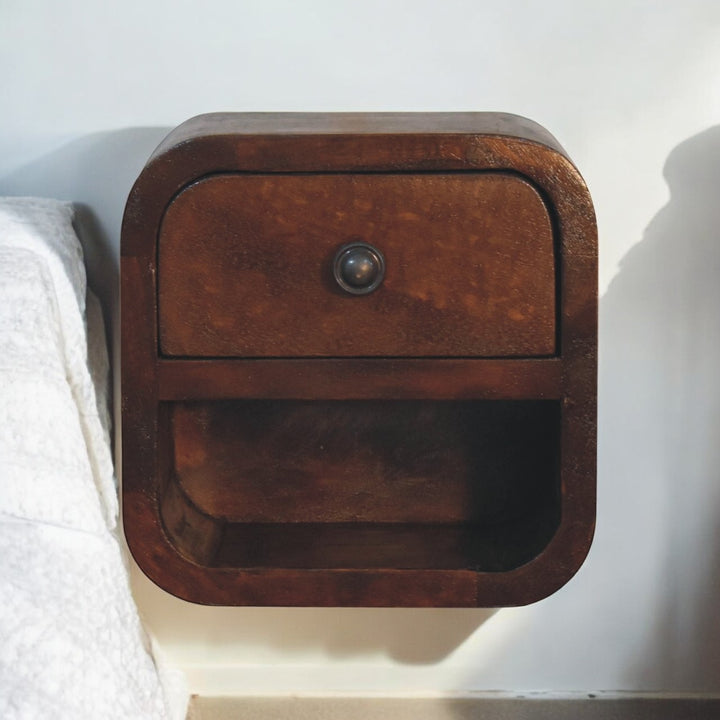 Brown Lacquered Chestnut Solid Mango Wood Extra Mini Curved Bedside with Open Compartment & Drawer